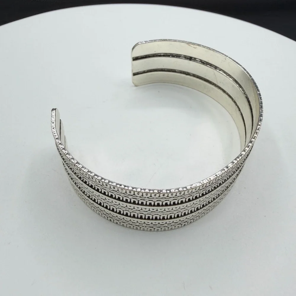 Silver Tone Wide Etched Cuff Bracelet Tribal Boho Textured Statement Jewelry